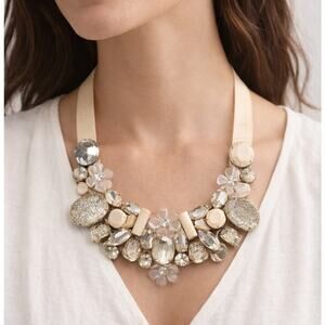 Cara New York Y2K Statement Bib Necklace Cream Ribbon Floral Coquette Chunky Gem